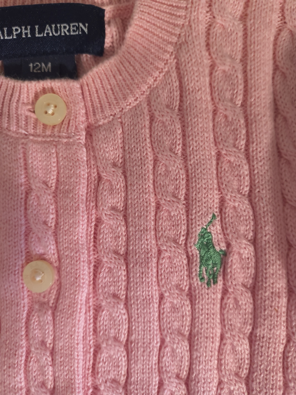 Ralph Lauren Pink Cable-Knit Cardigan with Green Pony